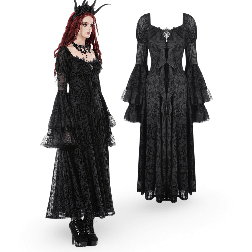 Victorian Gothic Lace Maxi Dress with Bell Sleeves worn by a model with long red hair and stylish accessories.
