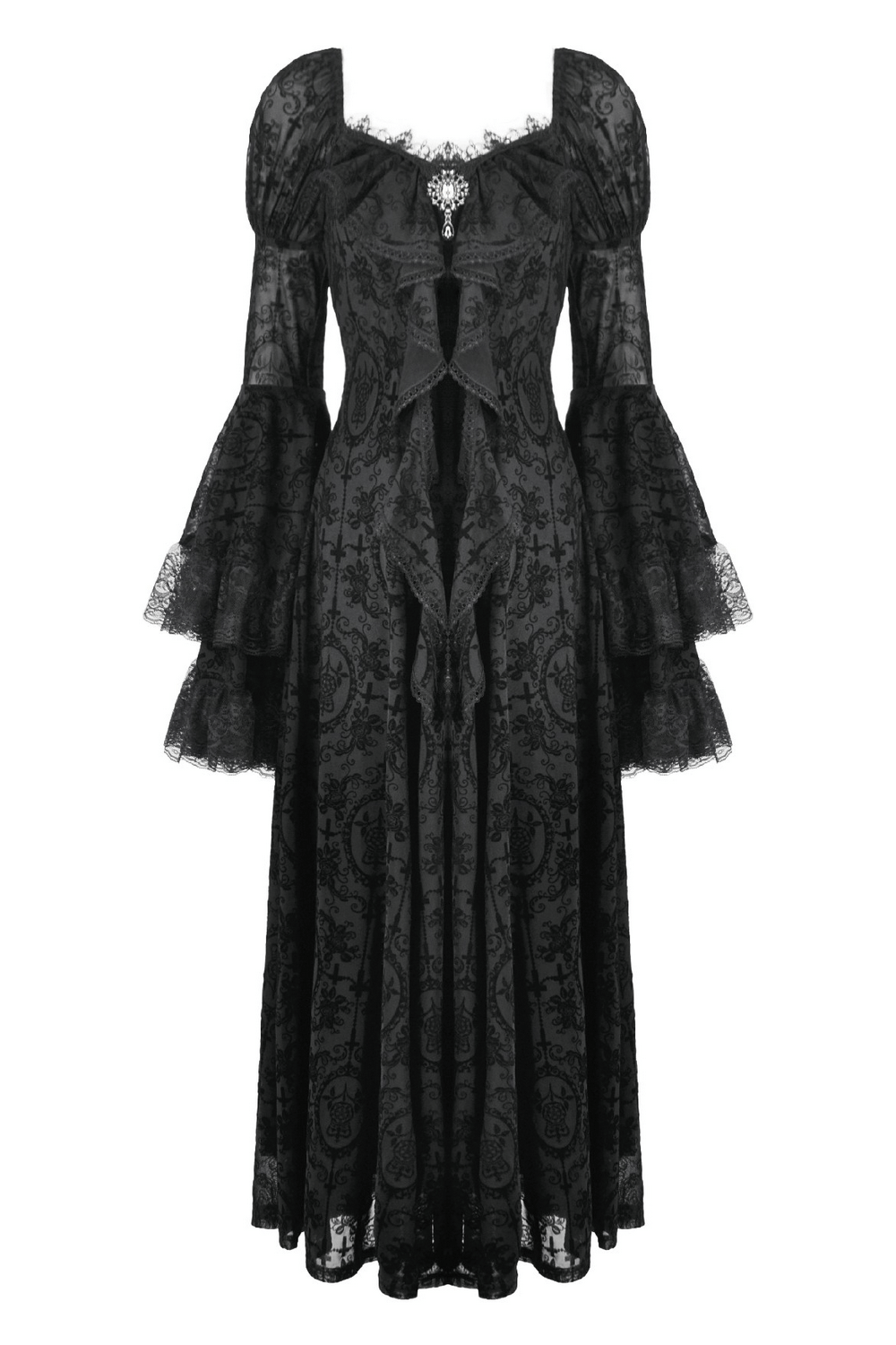 Victorian Gothic Lace Maxi Dress with Bell Sleeves featuring elegant lace detailing and dramatic bell sleeves.