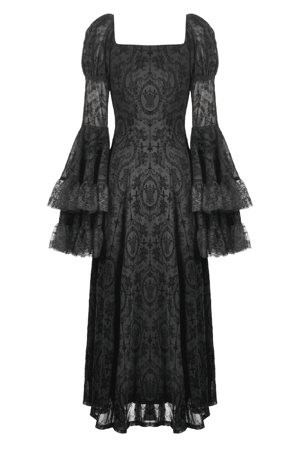 Victorian Gothic Lace Maxi Dress with Bell Sleeves in black lace with dramatic bell sleeves and intricate detailing.