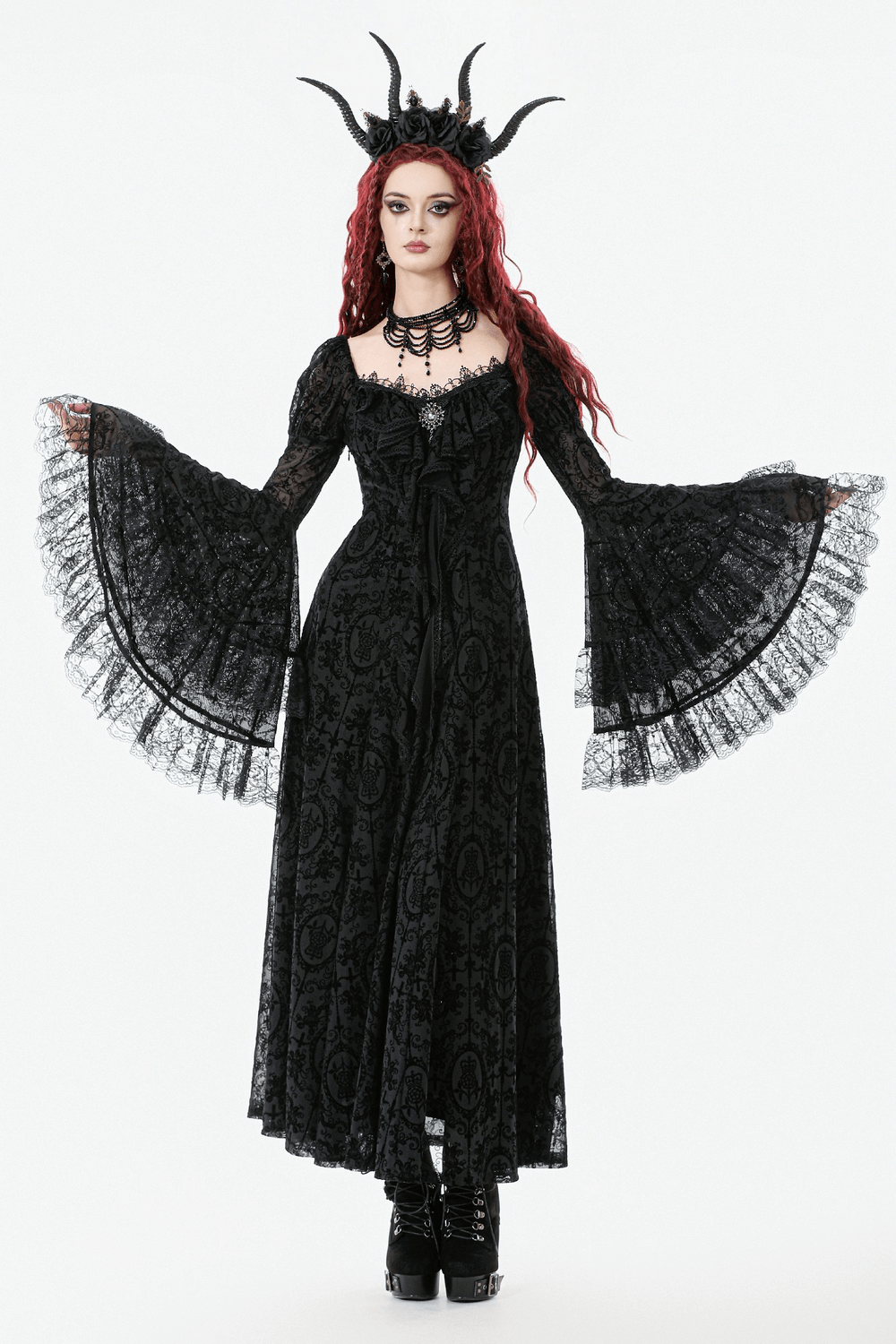 Victorian Gothic Lace Maxi Dress with Bell Sleeves featuring intricate lace details and dramatic bell sleeves.