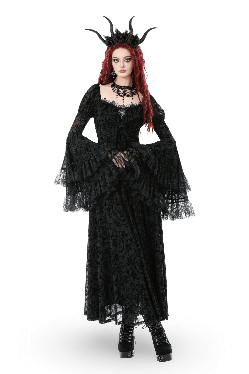 Victorian Gothic Lace Maxi Dress with Bell Sleeves worn by model with red hair and horns, featuring intricate lace details.