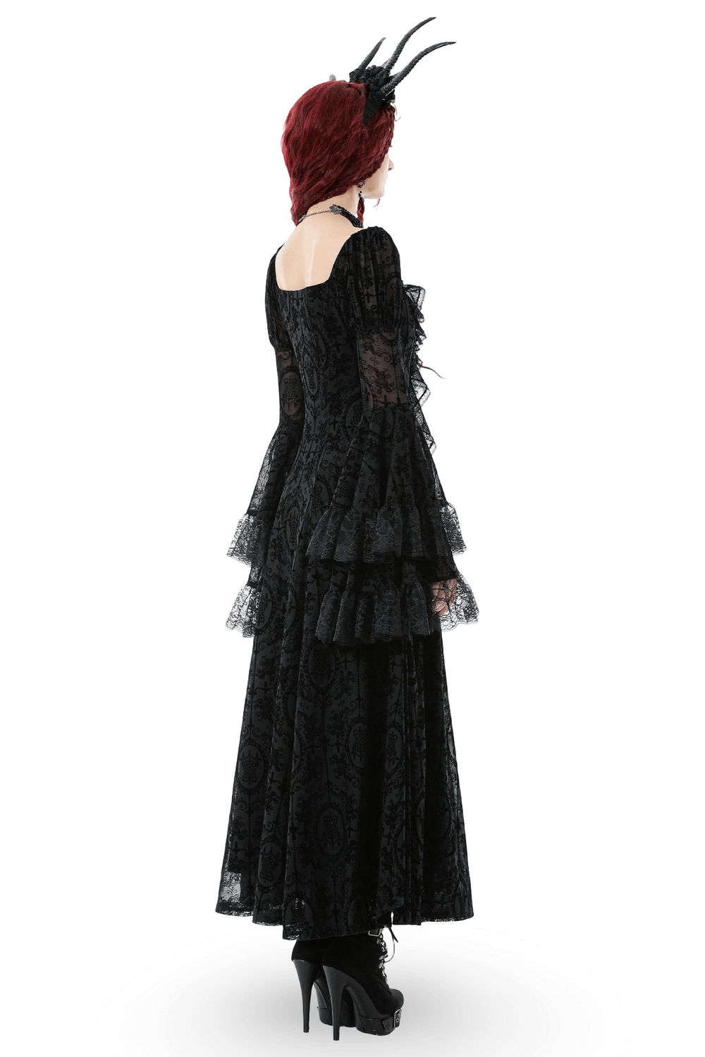 Victorian Gothic Lace Maxi Dress with Bell Sleeves shown from the side, featuring elegant lace and dramatic bell sleeves.