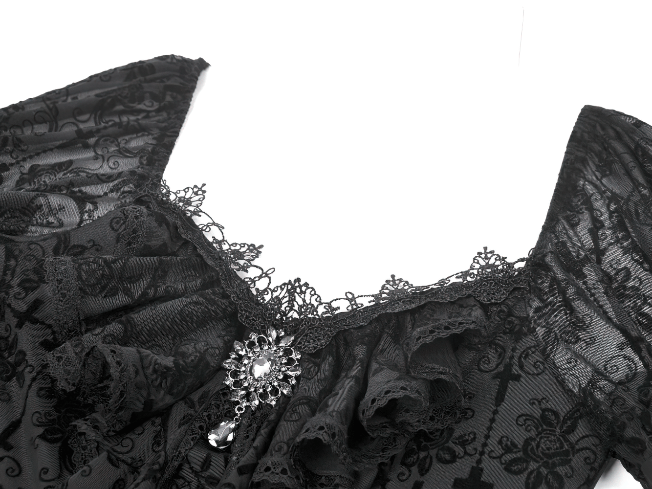 Close-up of the Victorian Gothic Lace Maxi Dress with Bell Sleeves showcasing intricate lace and embellishments.