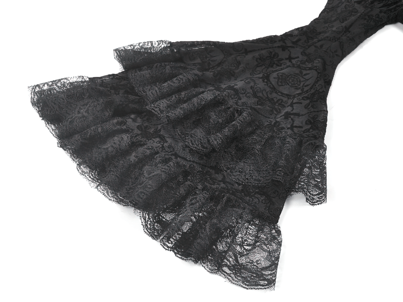 Detail of the bell sleeves and lace fabric of the Victorian Gothic Lace Maxi Dress with Bell Sleeves.