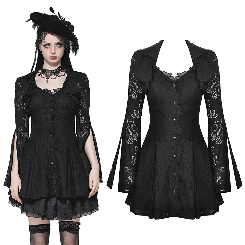 Elegant Victorian Gothic lace mini dress with corset back, featuring floral details and dramatic sleeves.