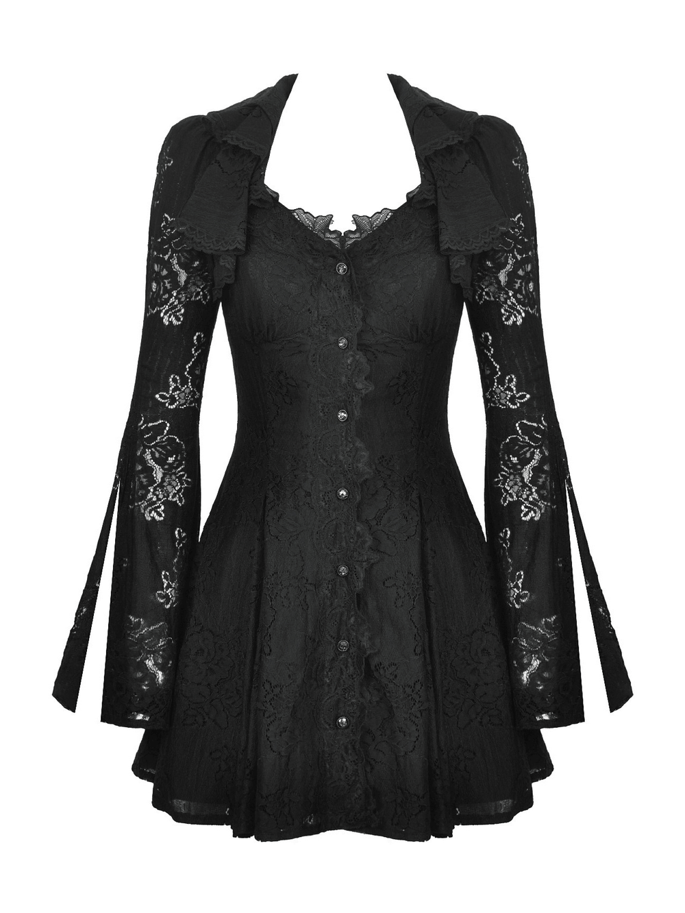 Victorian Gothic Lace Mini Dress with corset back, featuring floral lace details and button closure.