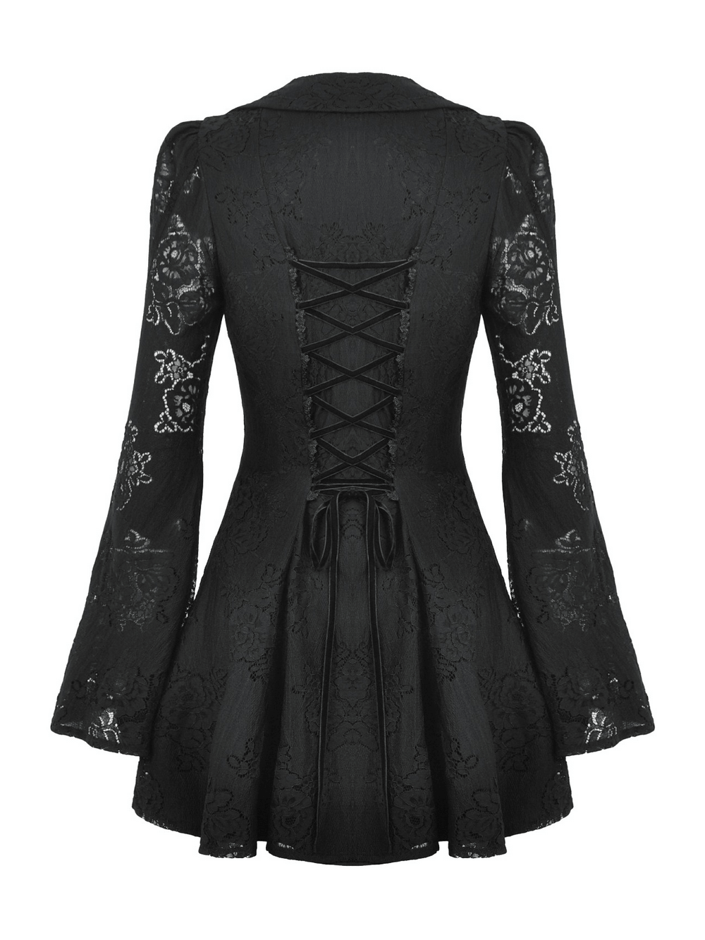 Back view of a Victorian Gothic lace mini dress with corset detailing and elegant bell sleeves in black.
