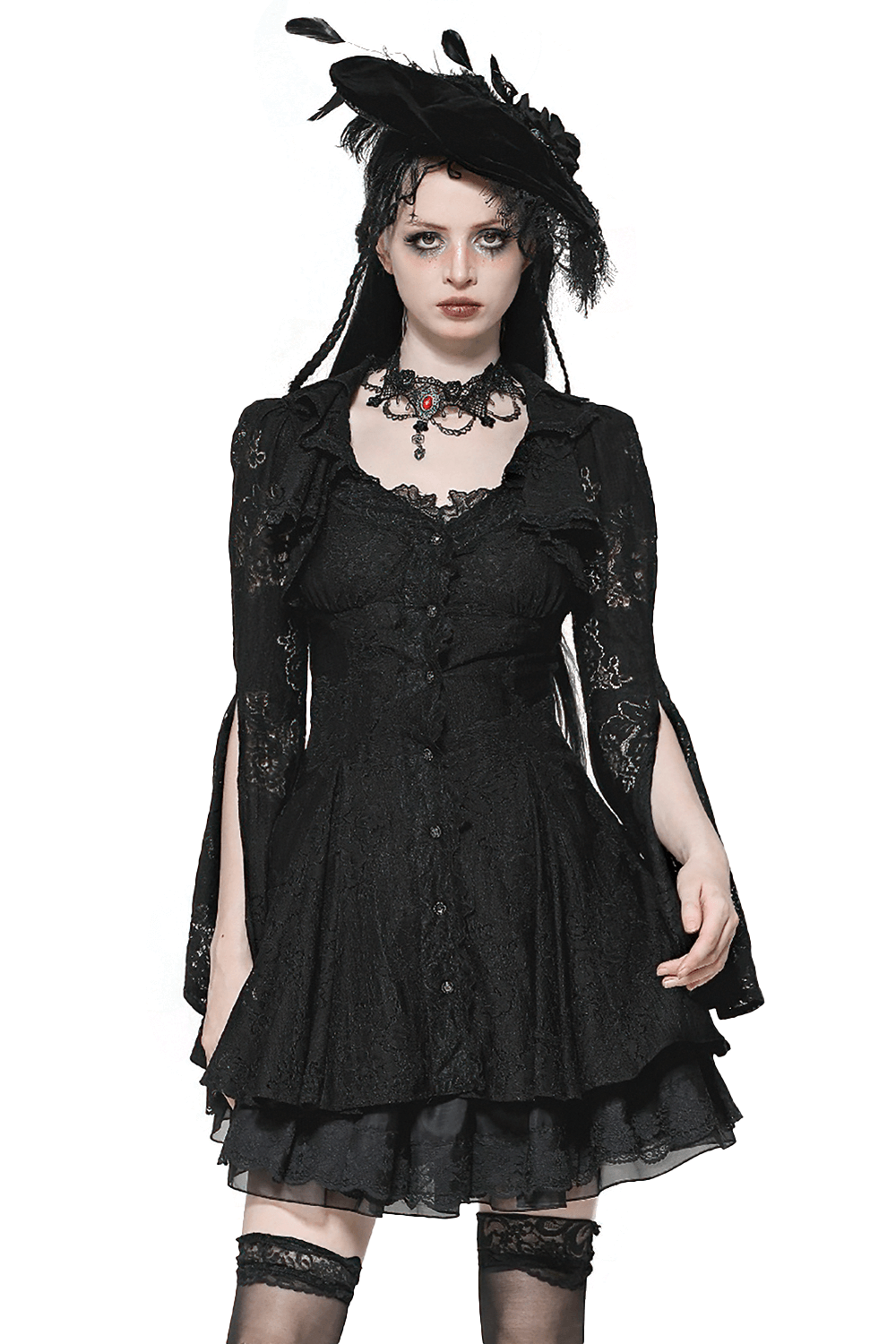 Elegant black Victorian Gothic mini dress with lace details, corset back, and stylish hat for a dramatic look.