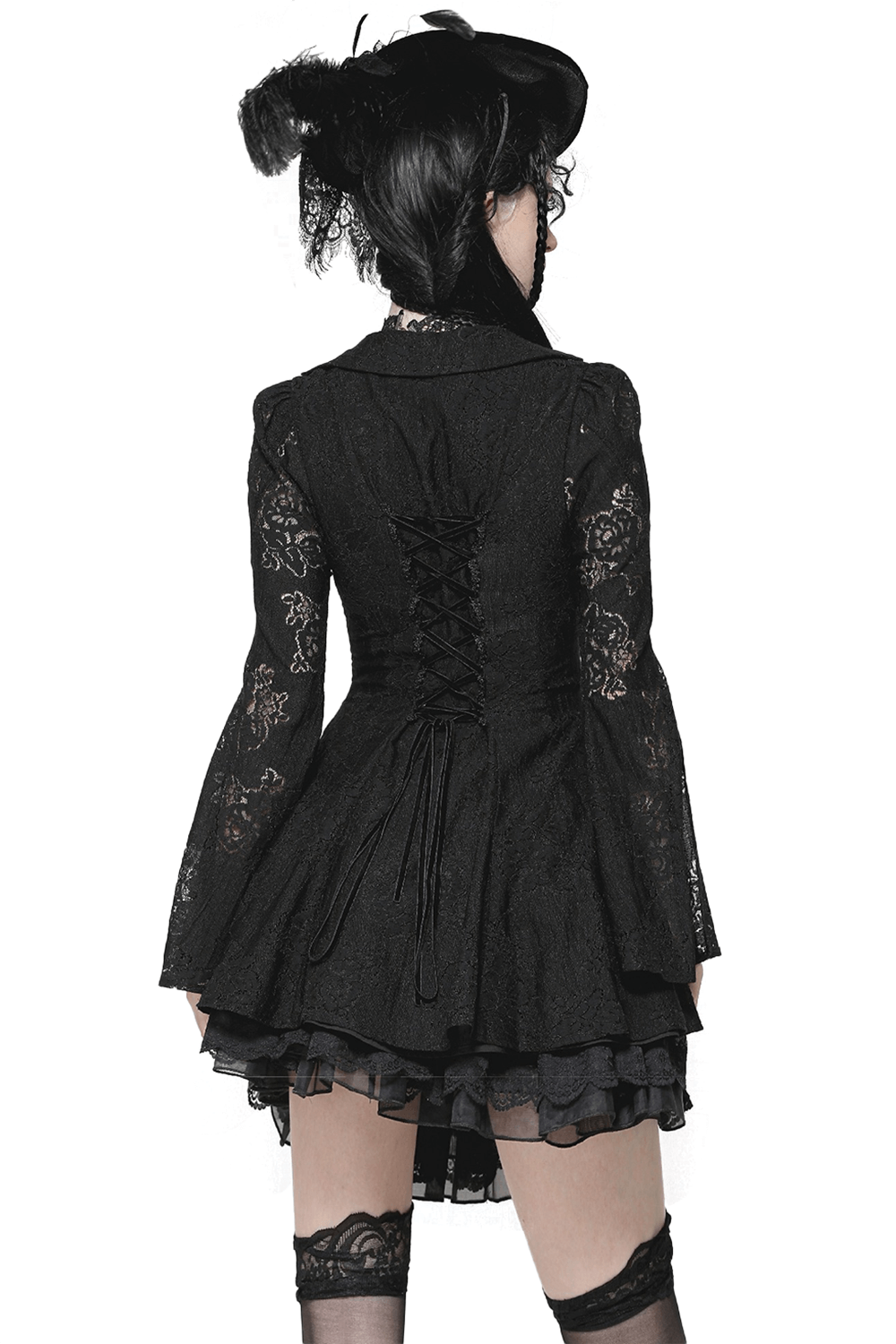 Back view of a Victorian Gothic lace mini dress with corset detailing, perfect for a dramatic gothic look.