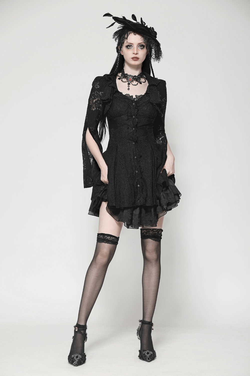 Elegant black Victorian Gothic mini dress with lace details and corset back, perfect for dramatic evening looks.