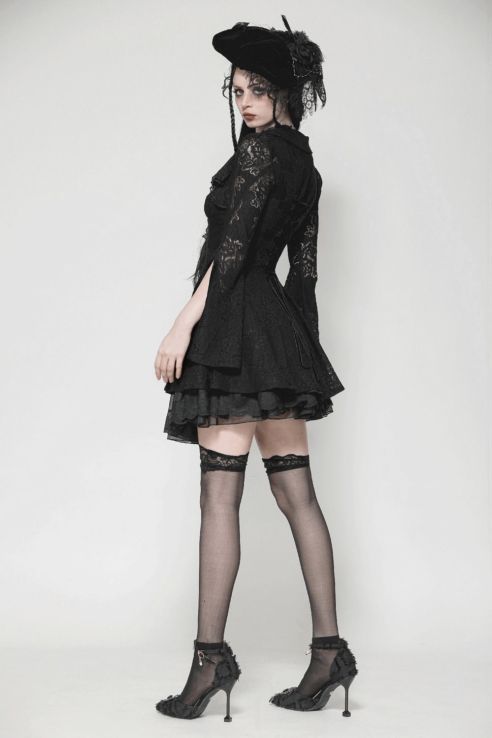 Victorian Gothic mini dress with lace details, corset back, and elegant accessories for a dramatic evening look.