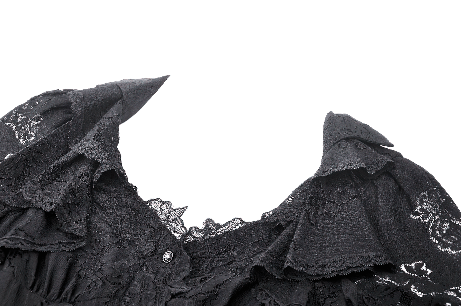 Close-up of the Victorian Gothic lace mini dress with ruffled collar and intricate lace details.