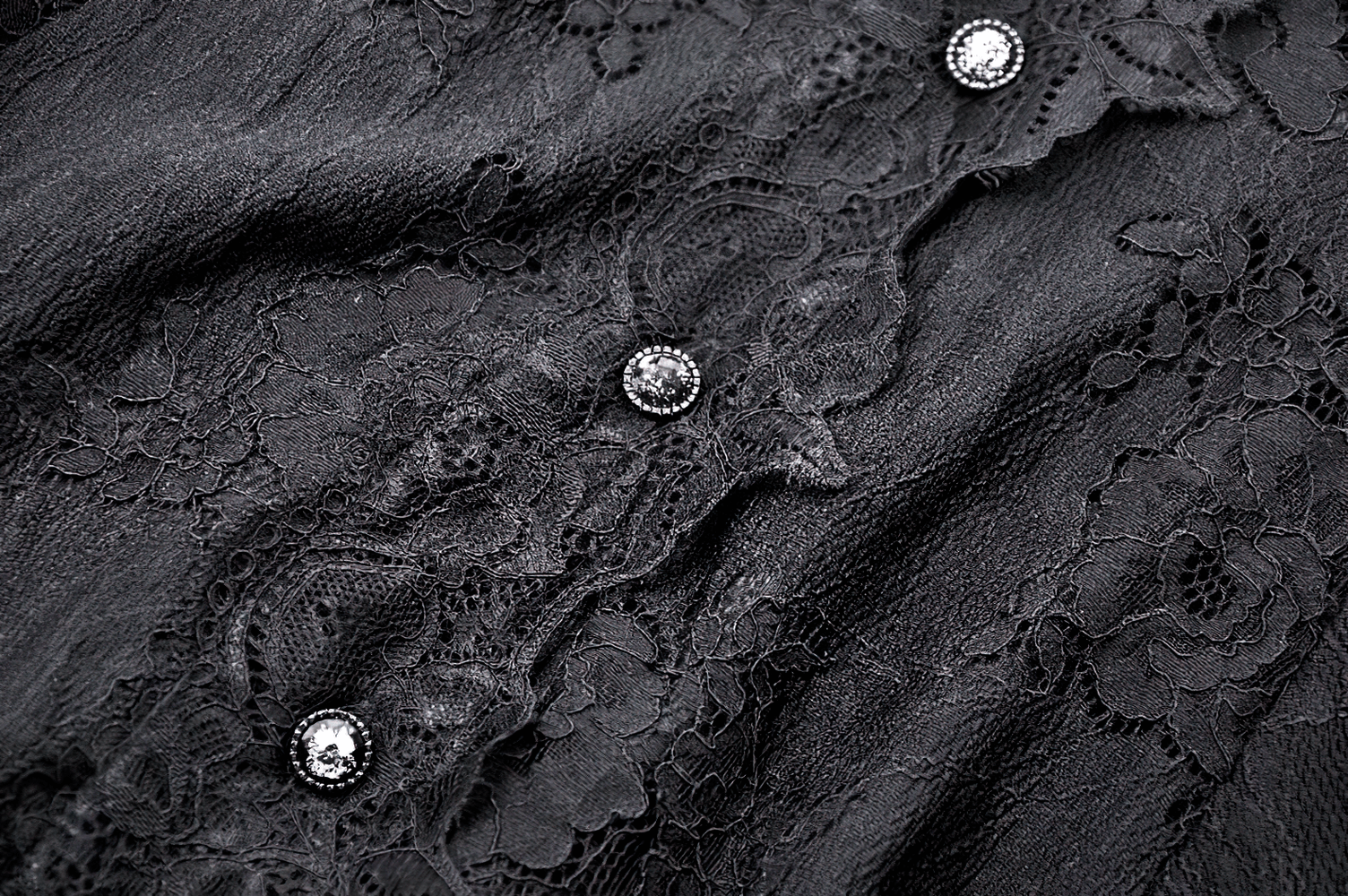 Close-up of Victorian Gothic lace with intricate floral patterns and decorative buttons in elegant black fabric.