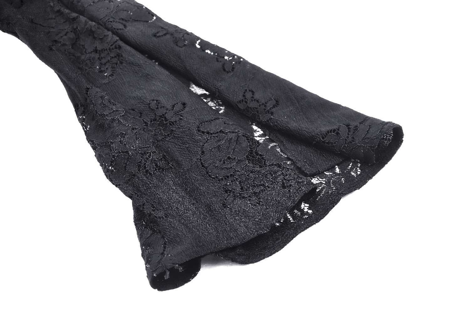 Close-up of black floral lace detail on Victorian Gothic mini dress sleeve.