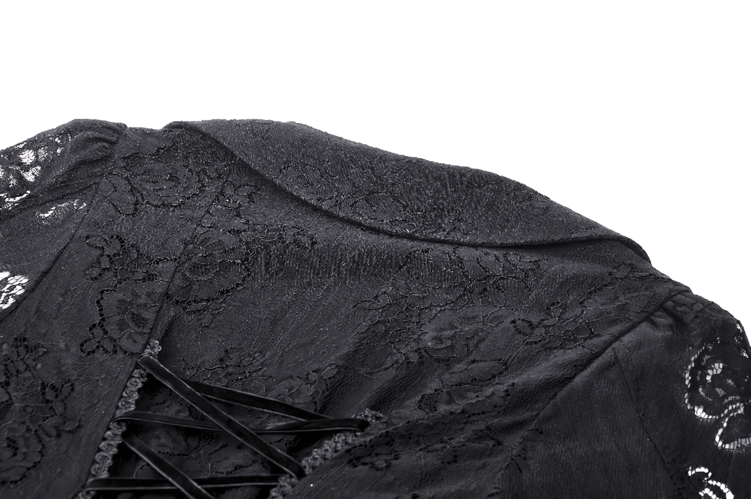 Close-up of Victorian Gothic dress showing lace details and corset back for an elegant, dramatic look.