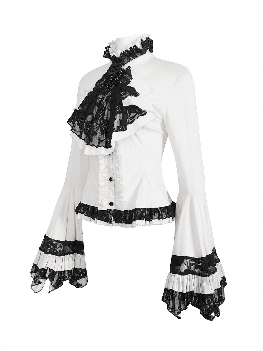 Victorian Gothic lace ruffle blouse with detachable black tie neck and dramatic bell sleeves.