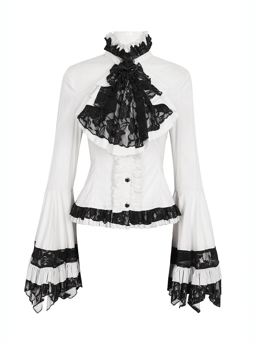 Victorian gothic lace ruffle blouse with black tie neck and dramatic bell sleeves.