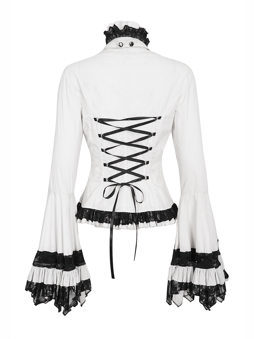Back view of Victorian Gothic lace ruffle blouse with black tie neck, featuring dramatic sleeves and lace trim.