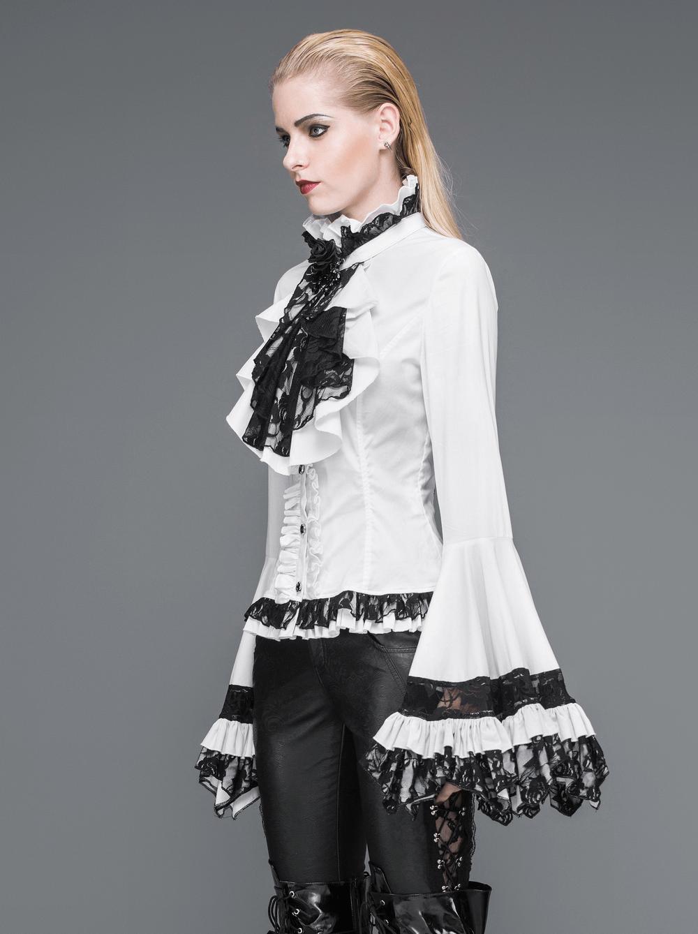 Victorian Gothic Lace Ruffle Blouse with Black Tie Neck - HARD'N'HEAVY
