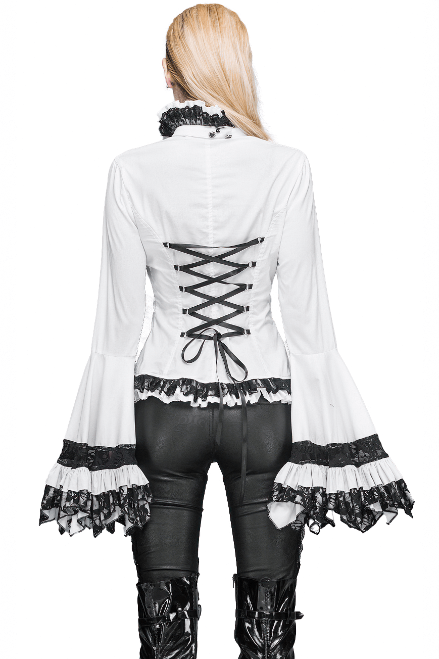 Back view of Victorian Gothic lace ruffle blouse with black tie neck, featuring dramatic sleeves and lace details.