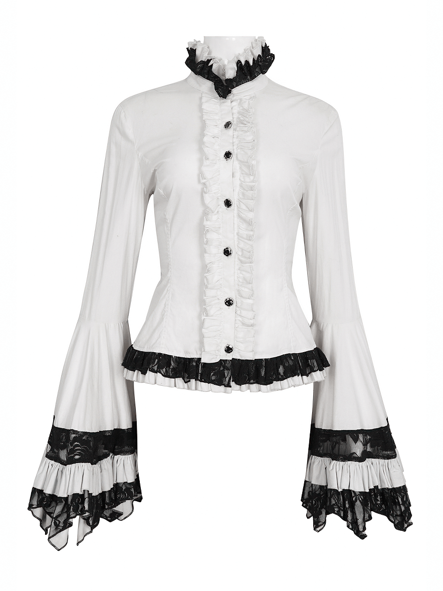 Victorian gothic lace ruffle blouse with black tie neck and dramatic bell sleeves.