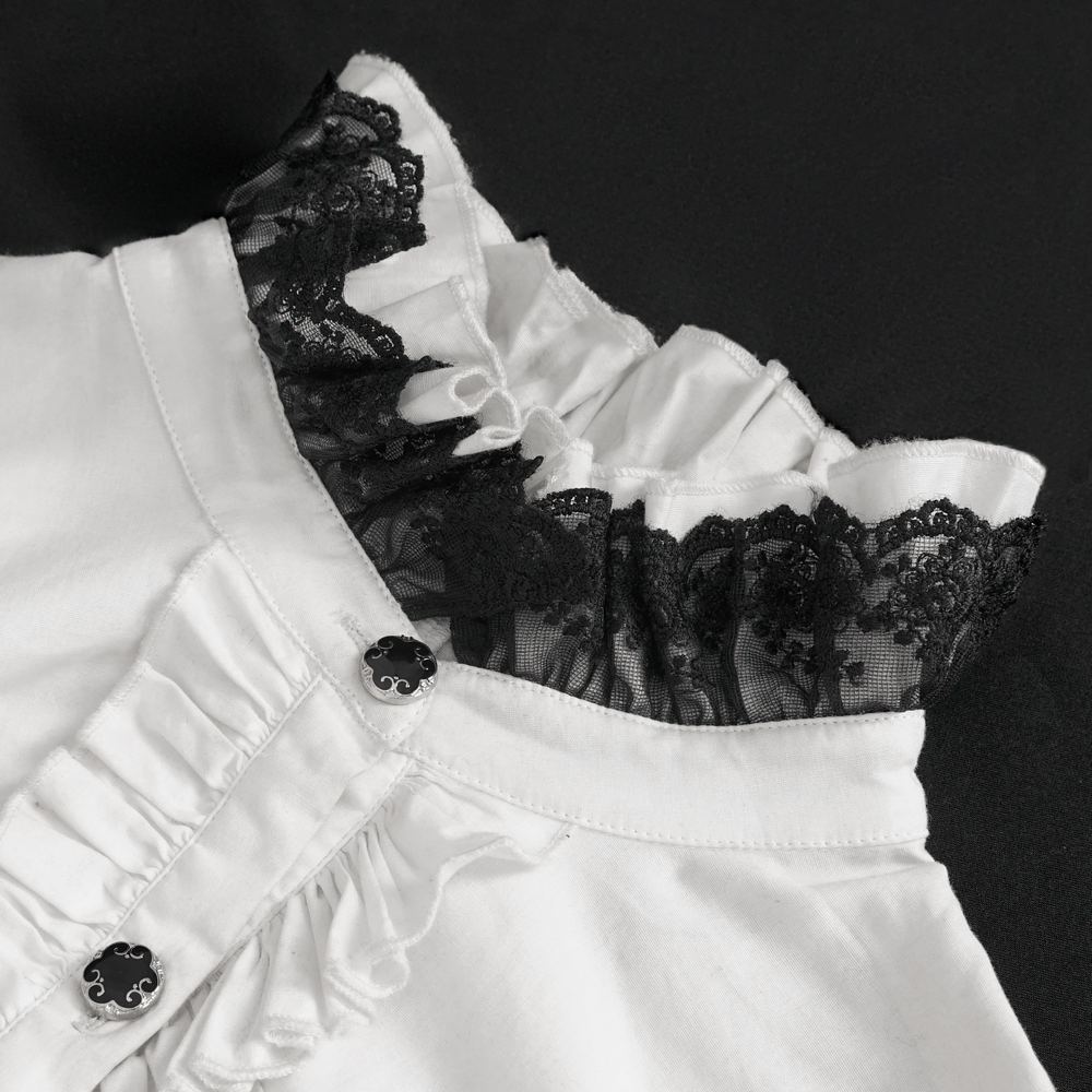 Close-up of Victorian Gothic lace ruffle blouse with black tie neck and intricate lace detail.