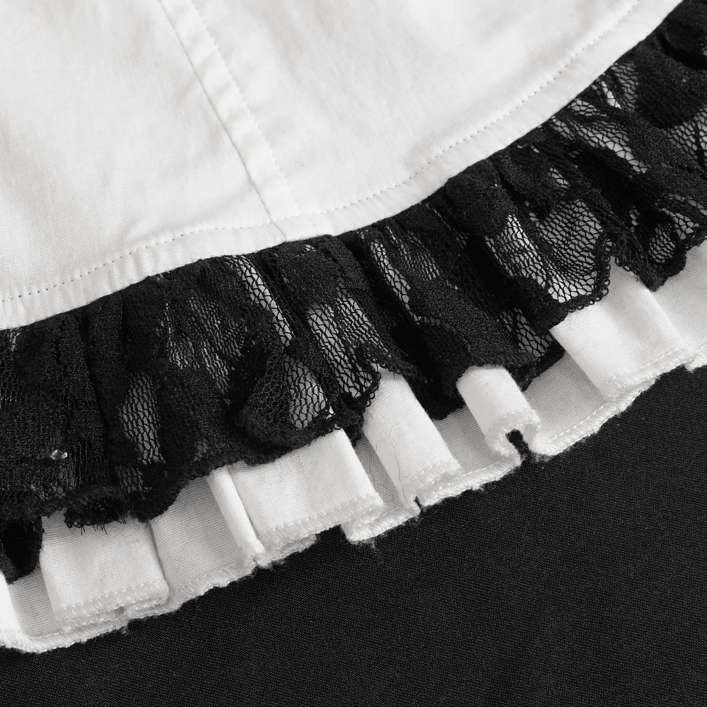 Close-up of Victorian Gothic blouse featuring intricate black lace ruffle detailing on the neckline.