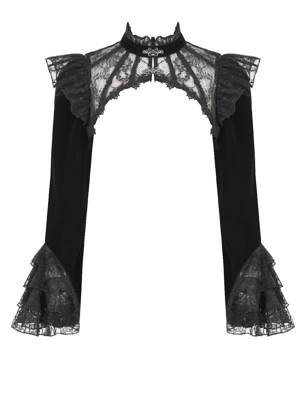 Victorian Gothic Lace Shrug with Velvet Bell Sleeves features intricate lace and elegant velvet accents.