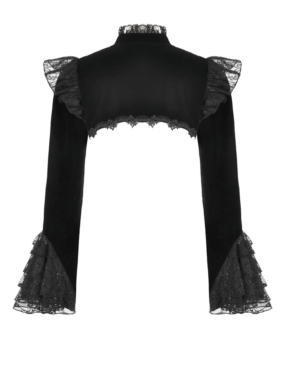 Victorian Gothic Lace Shrug with Velvet Bell Sleeves featuring lace detailing on sleeves and shoulders.