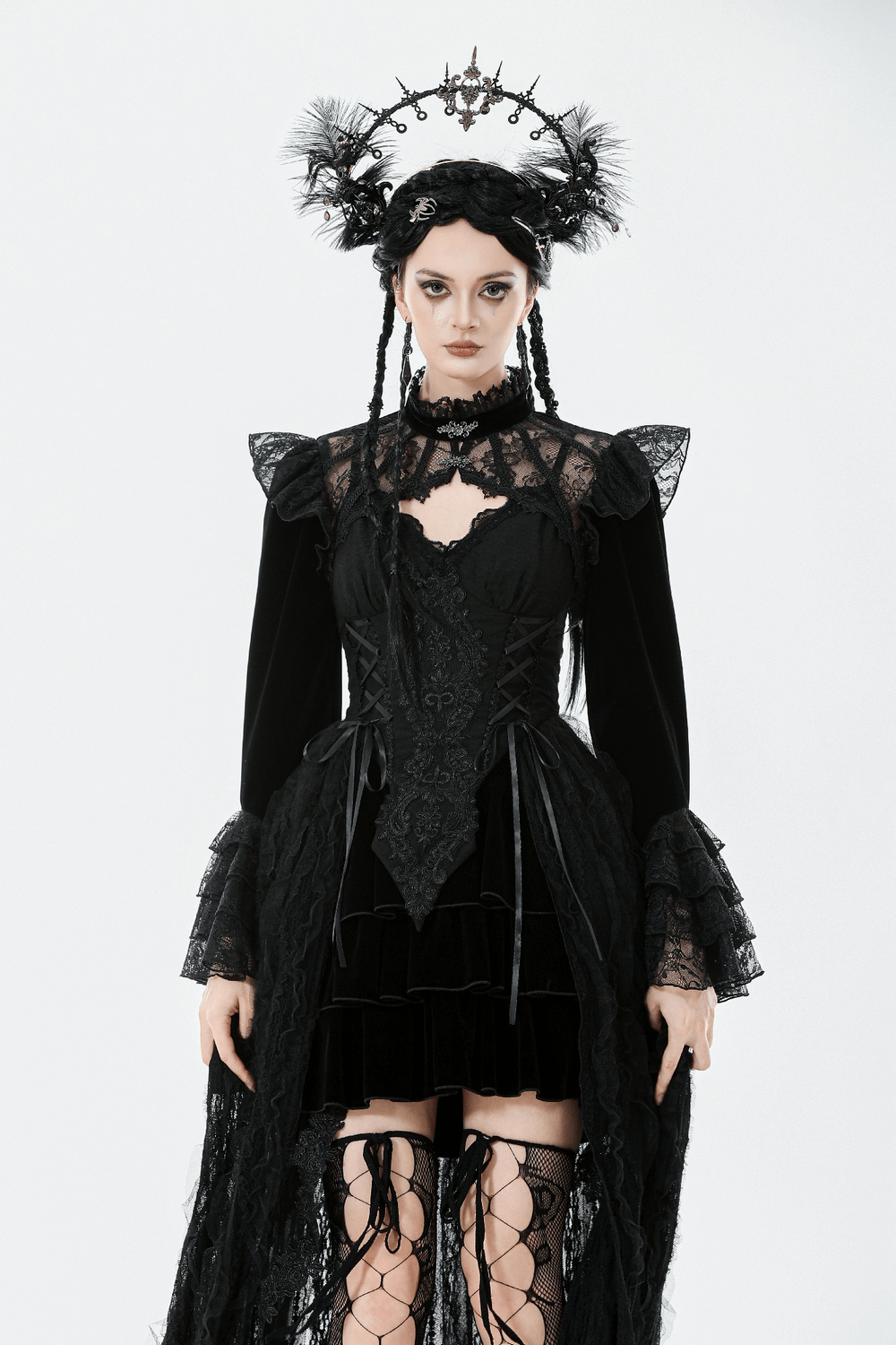 Victorian Gothic Lace Shrug with Velvet Bell Sleeves for a dramatic gothic look in black