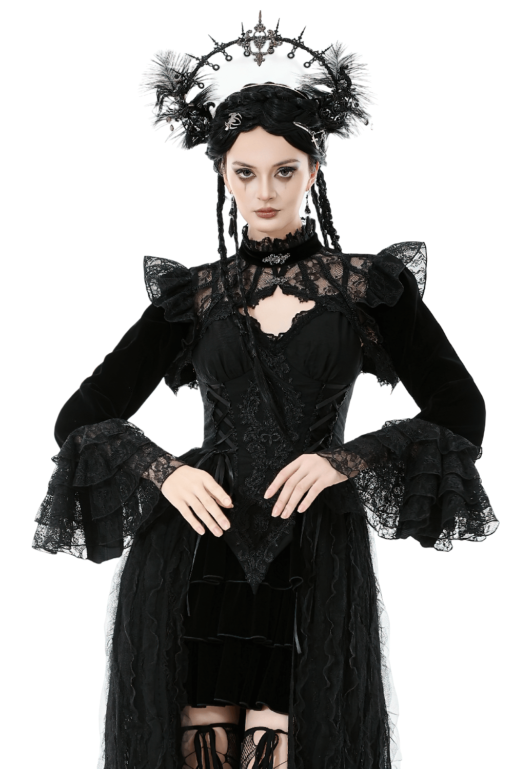 Victorian Gothic Lace Shrug with Velvet Bell Sleeves worn by a model in a dramatic gothic outfit.
