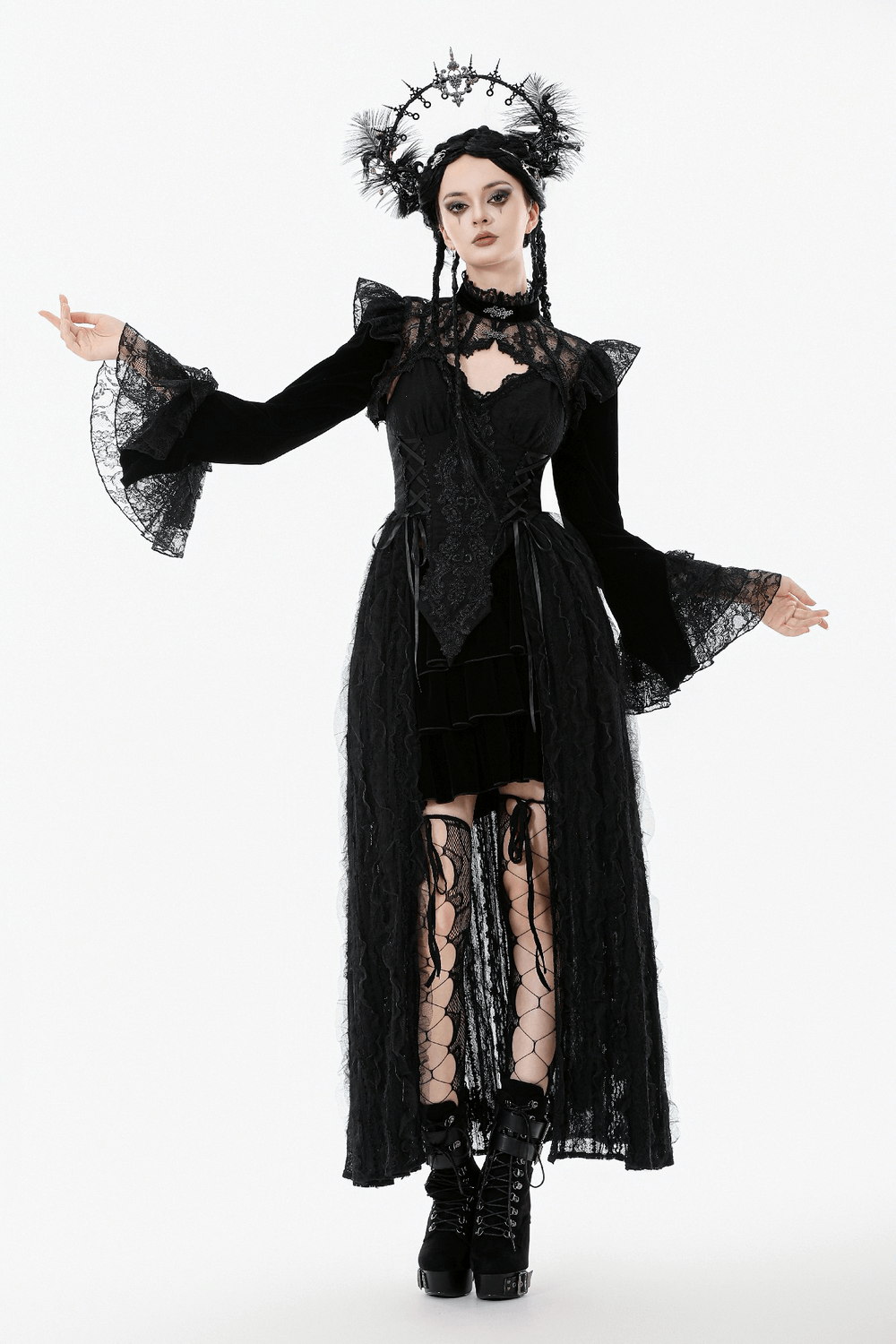 Victorian Gothic Lace Shrug with Velvet Bell Sleeves, elegant black lace and velvet outfit for dramatic style.