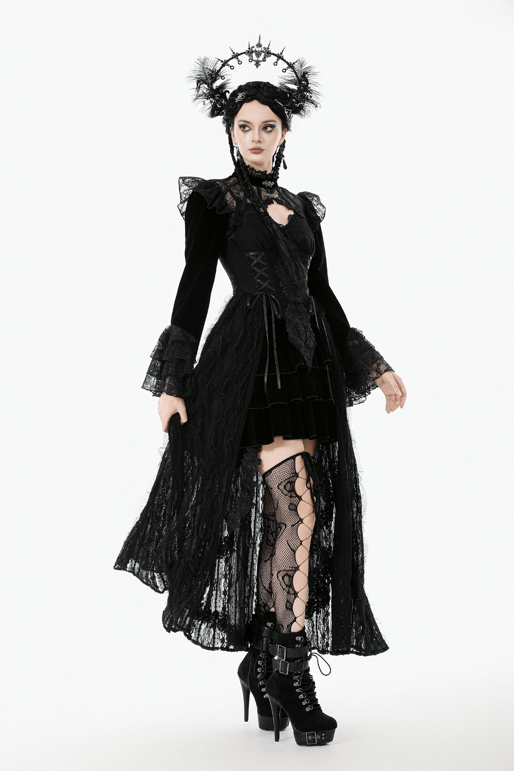Victorian Gothic Lace Shrug with Velvet Bell Sleeves worn by a model in black lace and velvet fashion.