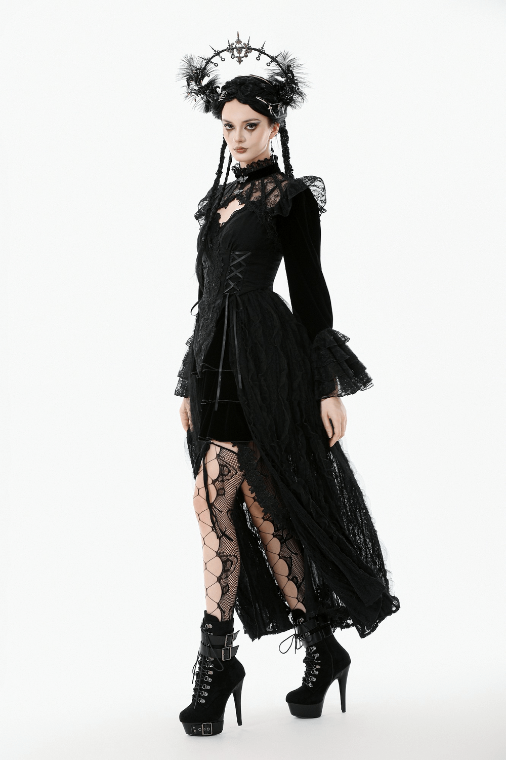 Victorian Gothic Lace Shrug with Velvet Bell Sleeves worn by a model showcasing elegant gothic fashion.