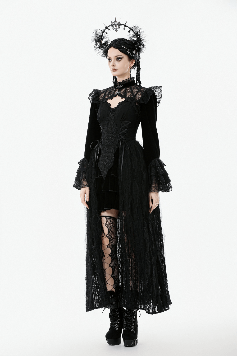 Victorian Gothic Lace Shrug with Velvet Bell Sleeves worn by a model in a dramatic black outfit.