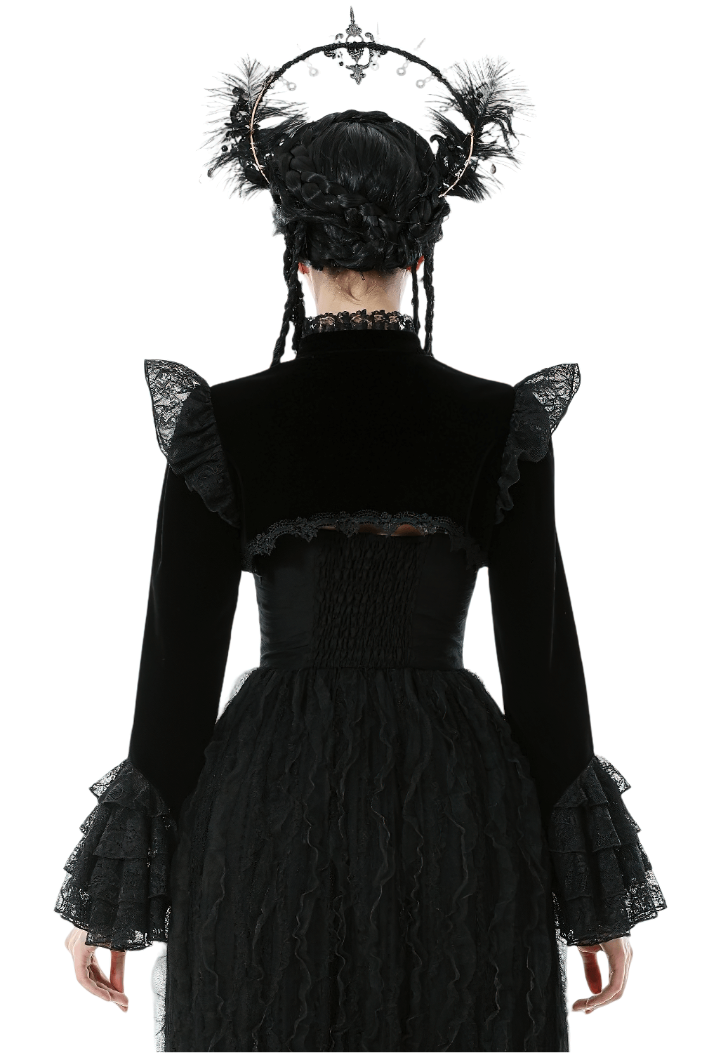 Back view of a model wearing a Victorian Gothic Lace Shrug with Velvet Bell Sleeves, showcasing intricate lace details.