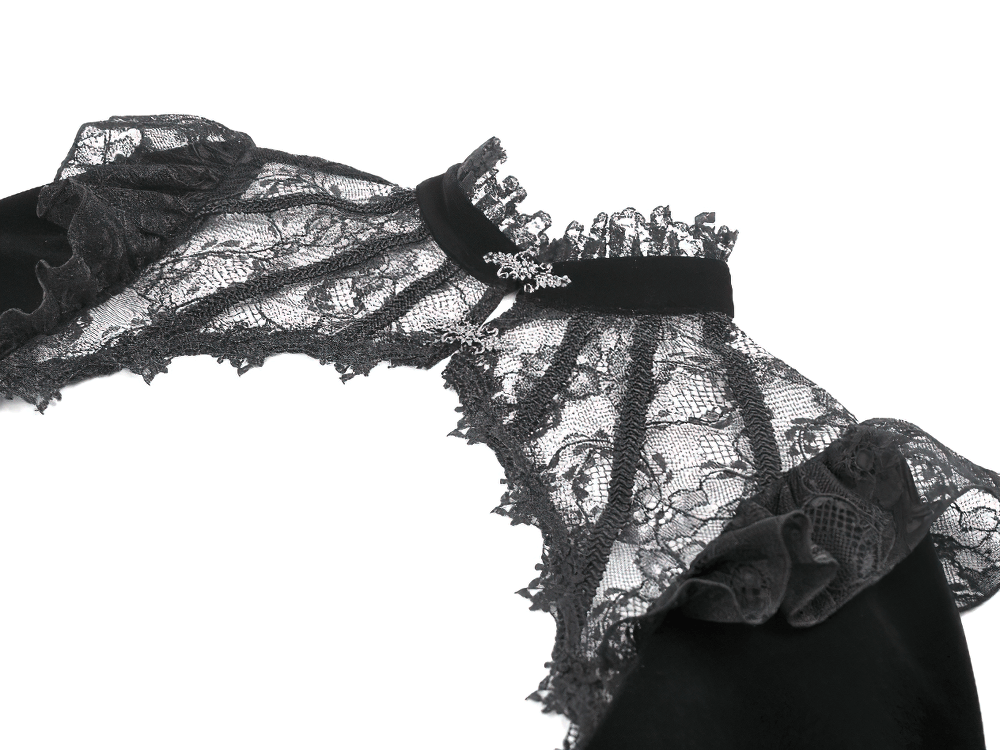 Victorian Gothic Lace Shrug with Velvet Bell Sleeves showcasing intricate lace detailing and elegant velvet fabric.