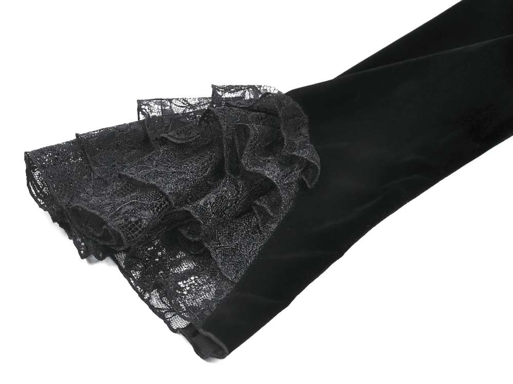 Victorian Gothic Lace Shrug with Velvet Bell Sleeves detailed view of lace and velvet sleeves