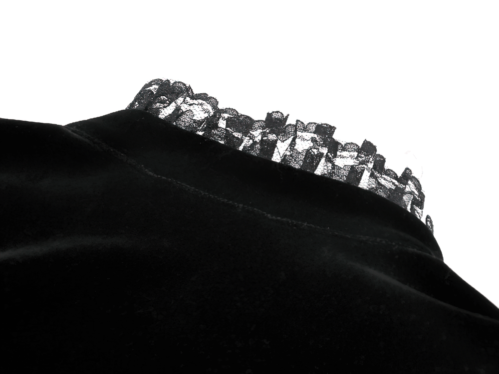 Close-up of Victorian Gothic Lace Shrug with Velvet Bell Sleeves showcasing intricate lace collar detail.