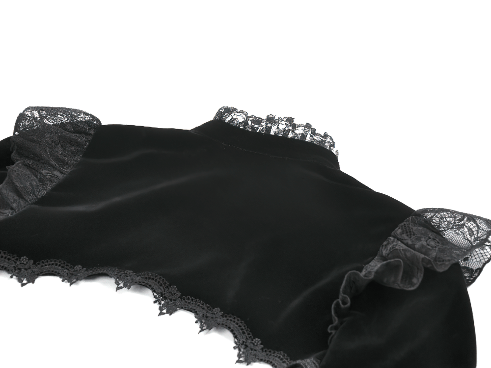 Victorian Gothic Lace Shrug with Velvet Bell Sleeves showcasing intricate lace details and luxurious velvet fabric.