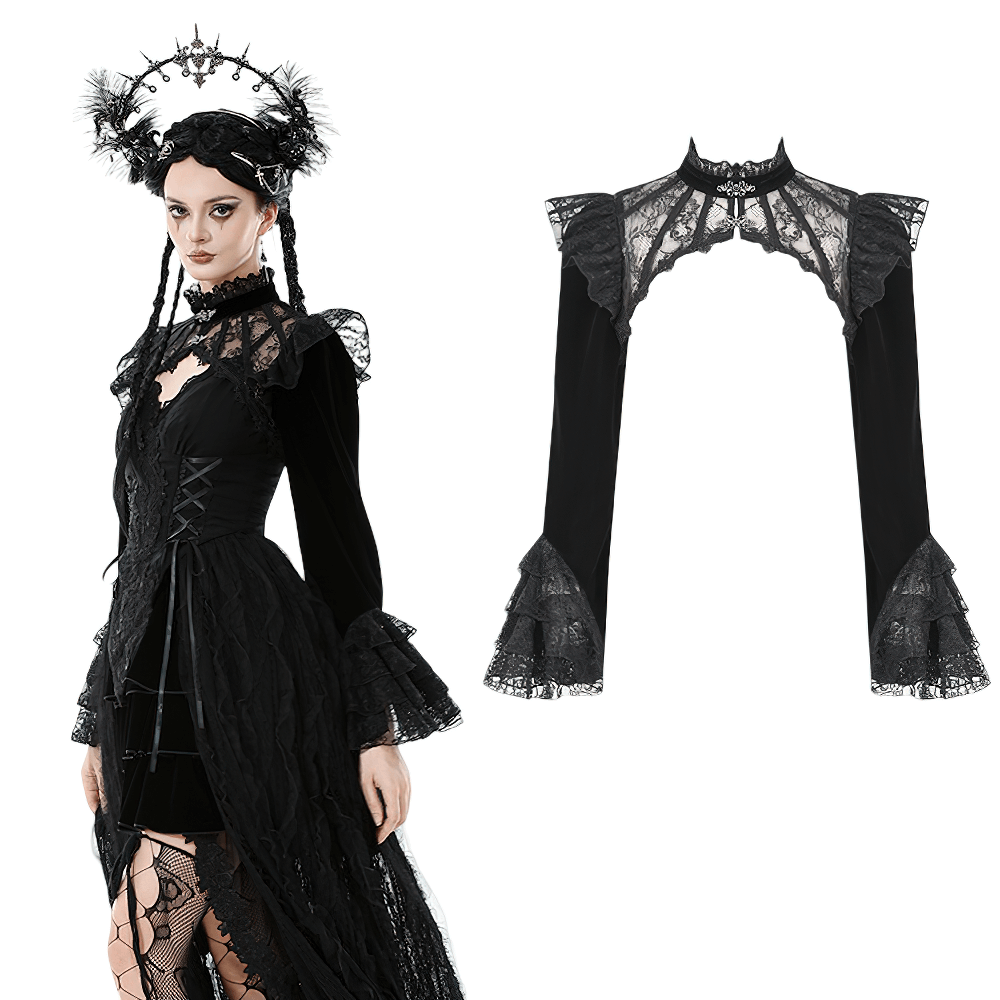 Victorian Gothic Lace Shrug with Velvet Bell Sleeves worn by a model showcasing gothic fashion.