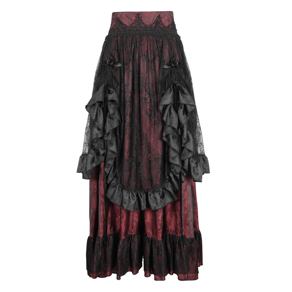 Victorian Gothic lace skirt featuring ruffled layers in black and red, adorned with roses and satin bows.