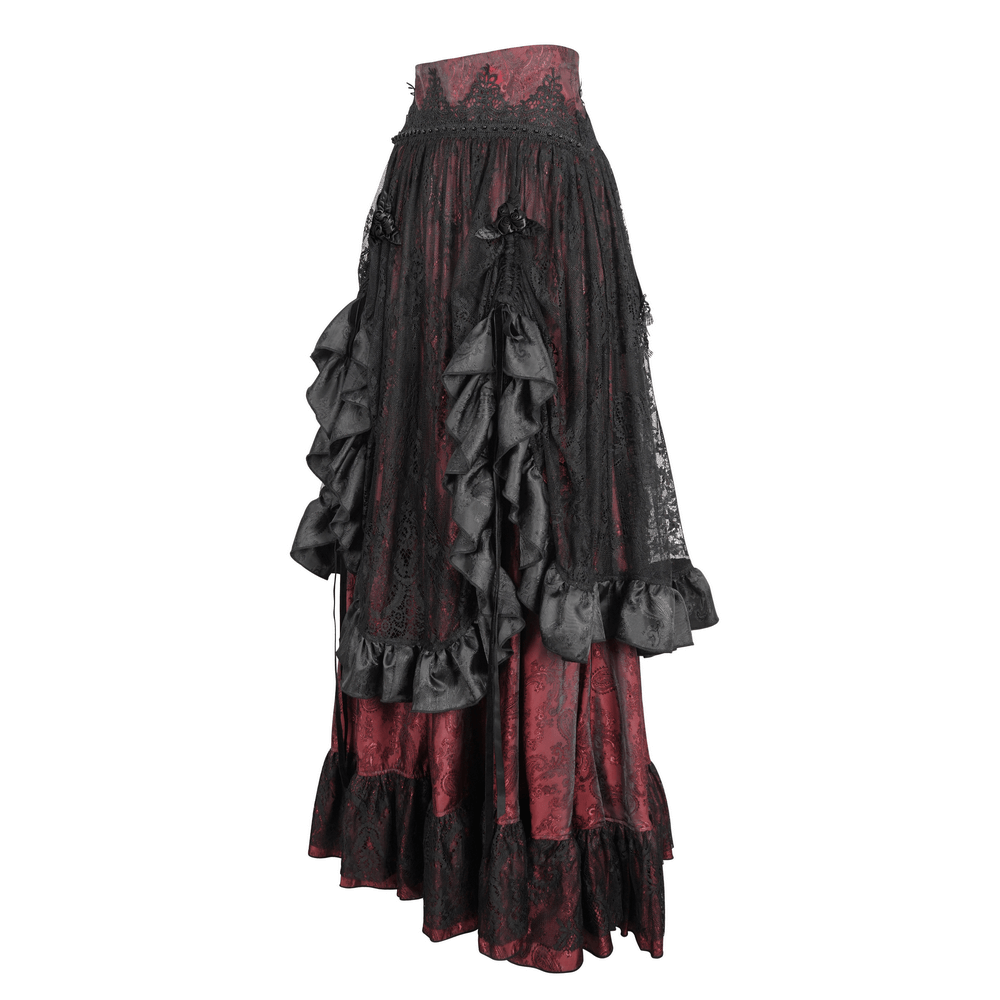 Victorian Gothic lace skirt featuring ruffled layers, high-waist design, and black-red contrast, perfect for steampunk fashion.