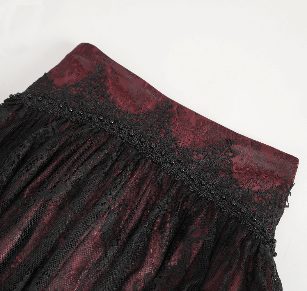 Elegant Victorian Gothic skirt with ruffled lace and high-waist design in black and burgundy.