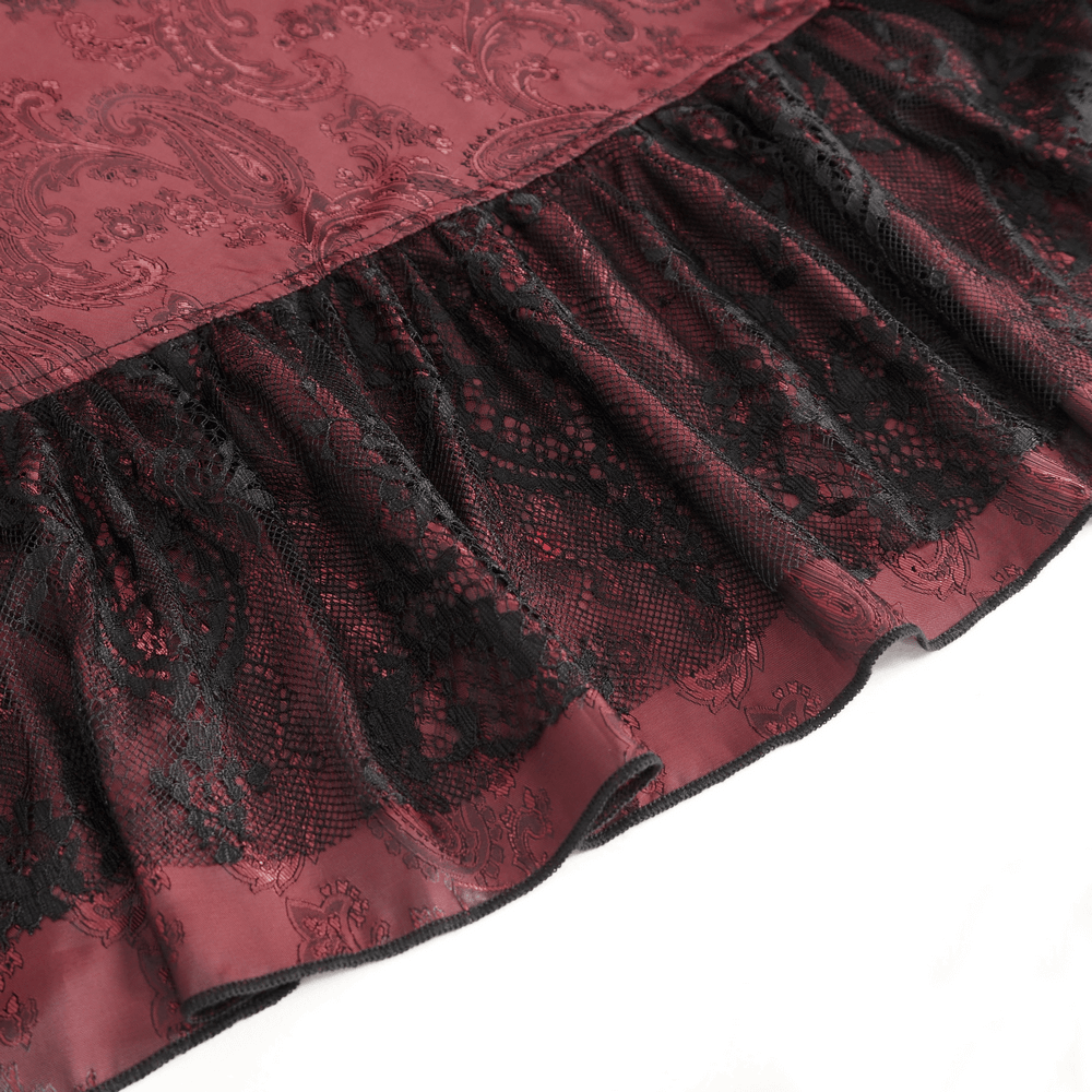 Victorian Gothic lace skirt featuring elegant ruffled layers in deep red and black intricate lace detailing.