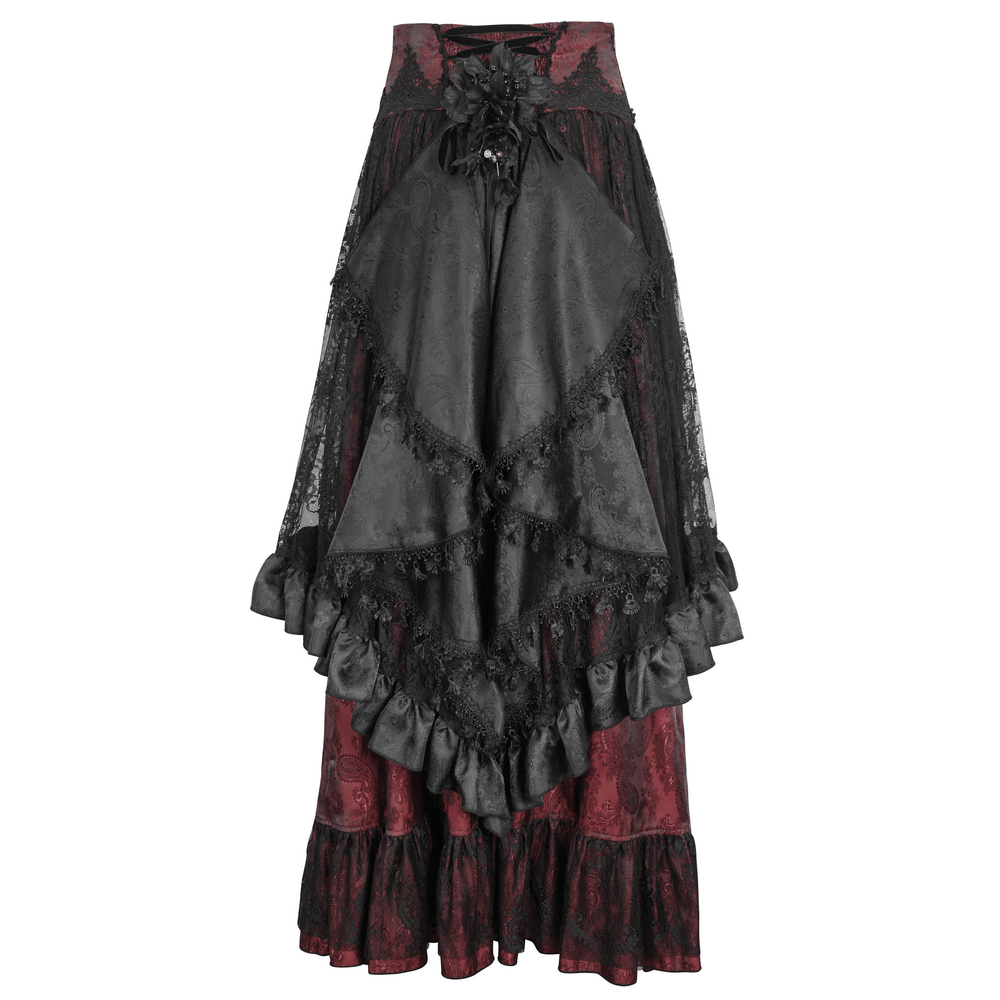 Victorian Gothic lace skirt with ruffled layers, featuring black and red fabric, satin bows, and rose detail.