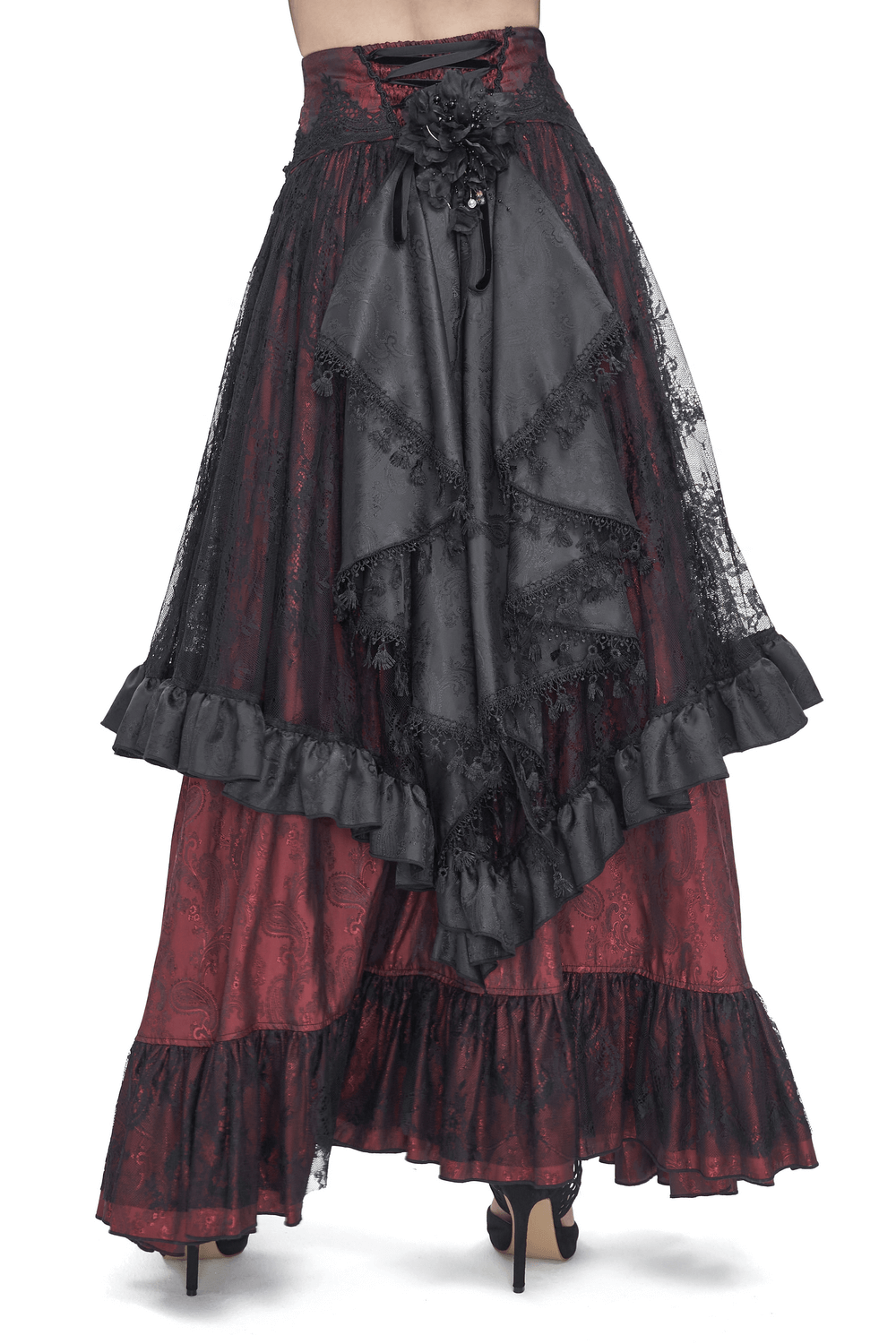 Victorian Gothic lace skirt with ruffled layers in black and red, featuring intricate lace and elegant satin bows.