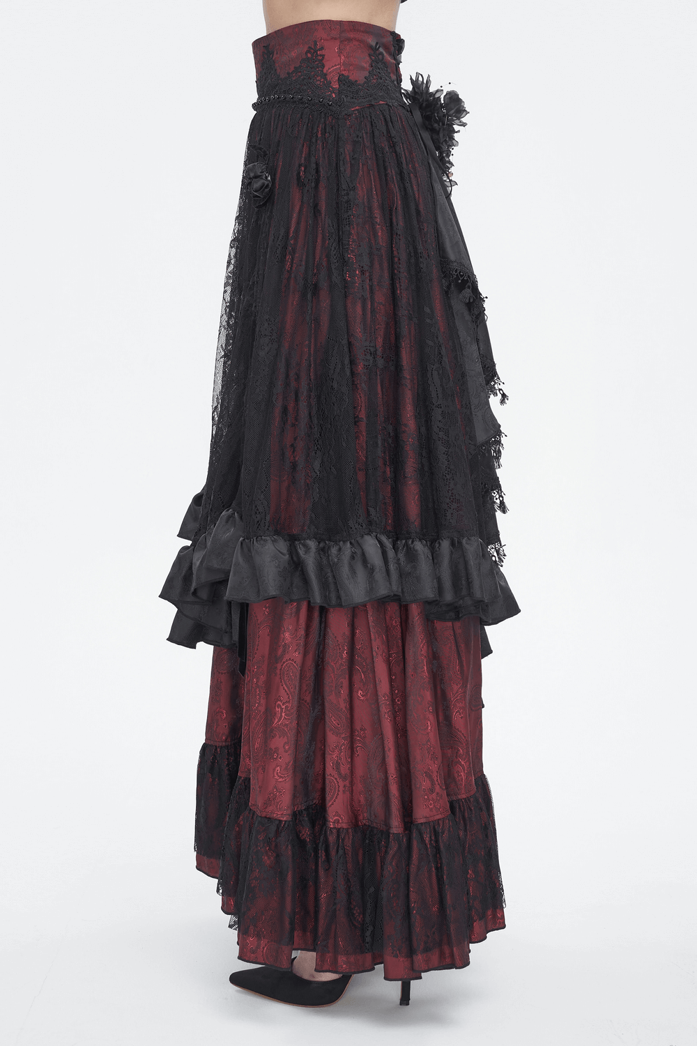Elegant Victorian Gothic lace skirt with ruffled layers in black and red, featuring roses and satin bows.