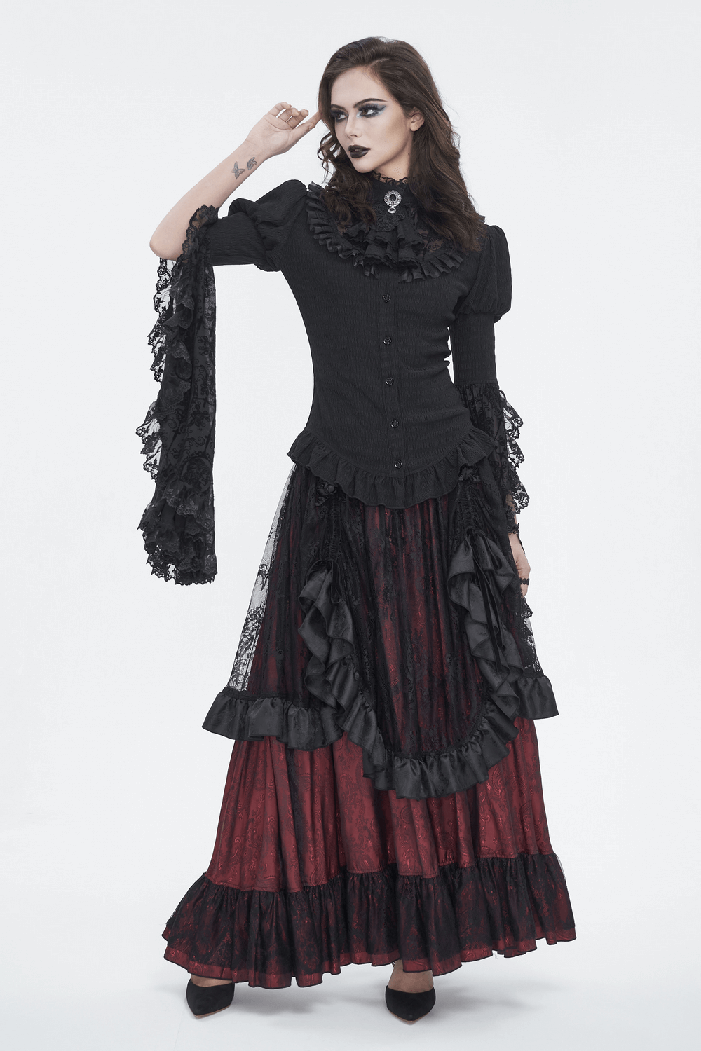 Elegant Victorian Gothic lace skirt with ruffled layers, perfect for dark romantic and steampunk styles.