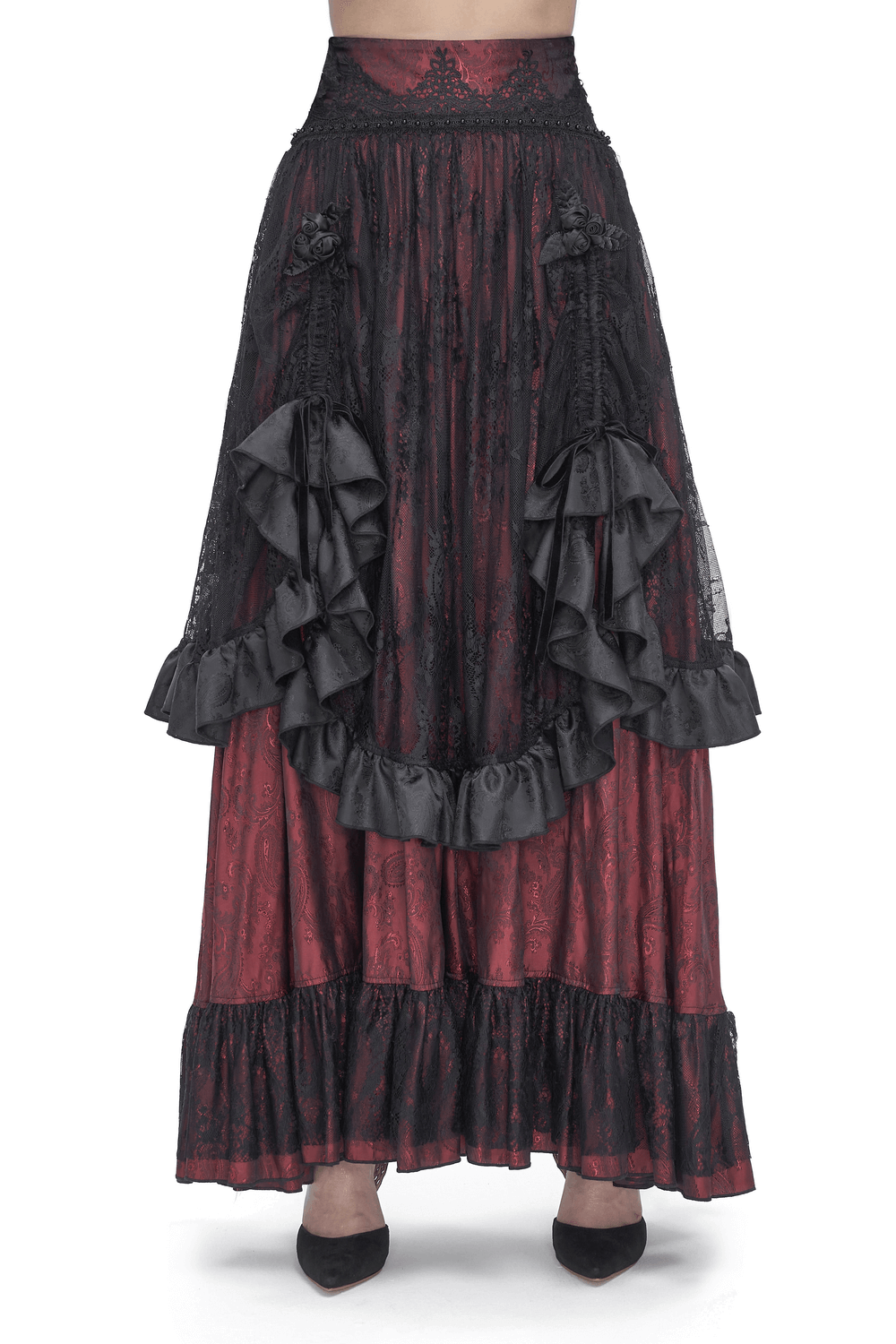 Victorian Gothic lace skirt featuring ruffled layers in black and red, with a high-waist and satin bows.